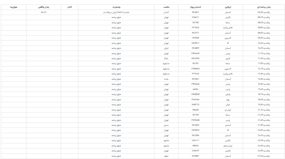 پرواز‌های فرودگاه شیراز؛ یکشنبه ۳۰ اردیبهشت