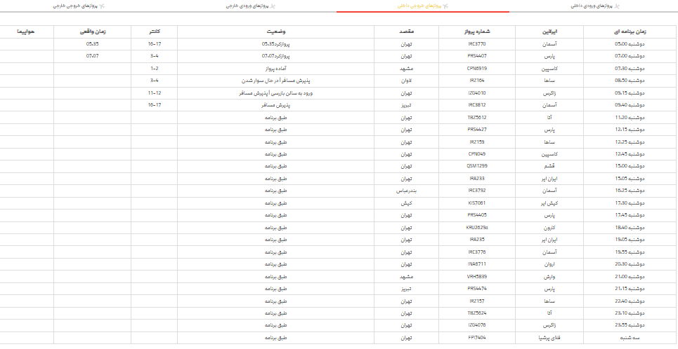 برنامه پرواز‌های فرودگاه شیراز؛ دوشنبه ۳۱ اردیبهشت