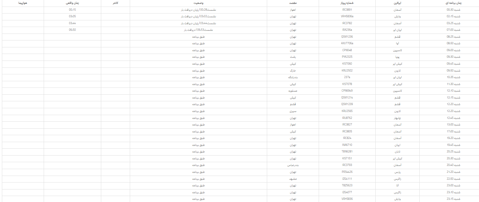 برنامه پرواز‌های فرودگاه شیراز؛   شنبه ۱۲ خرداد