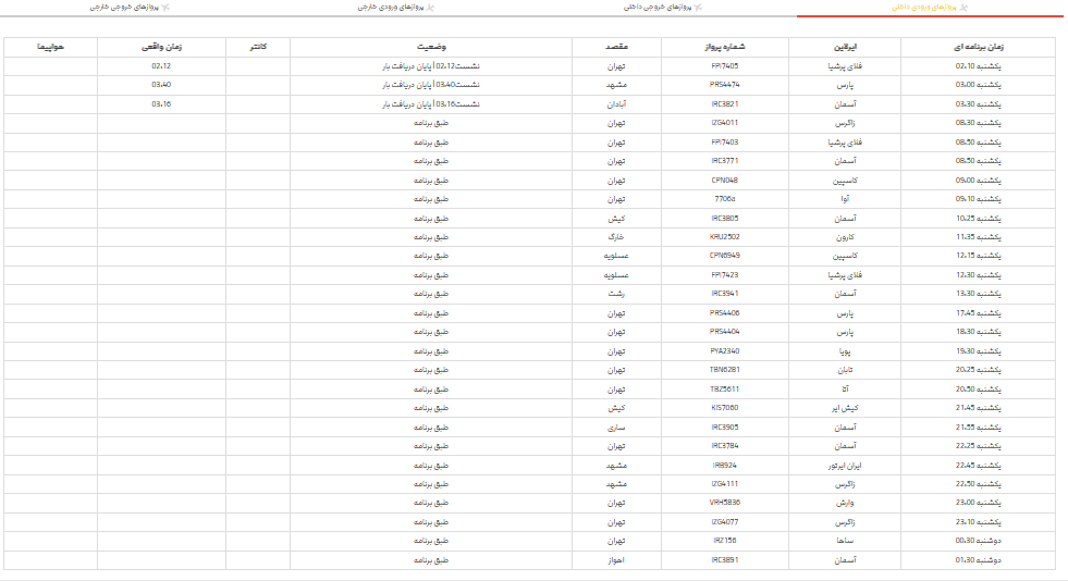 پرواز‌های فرودگاه شیراز؛ یکشنبه ۱۳ خرداد