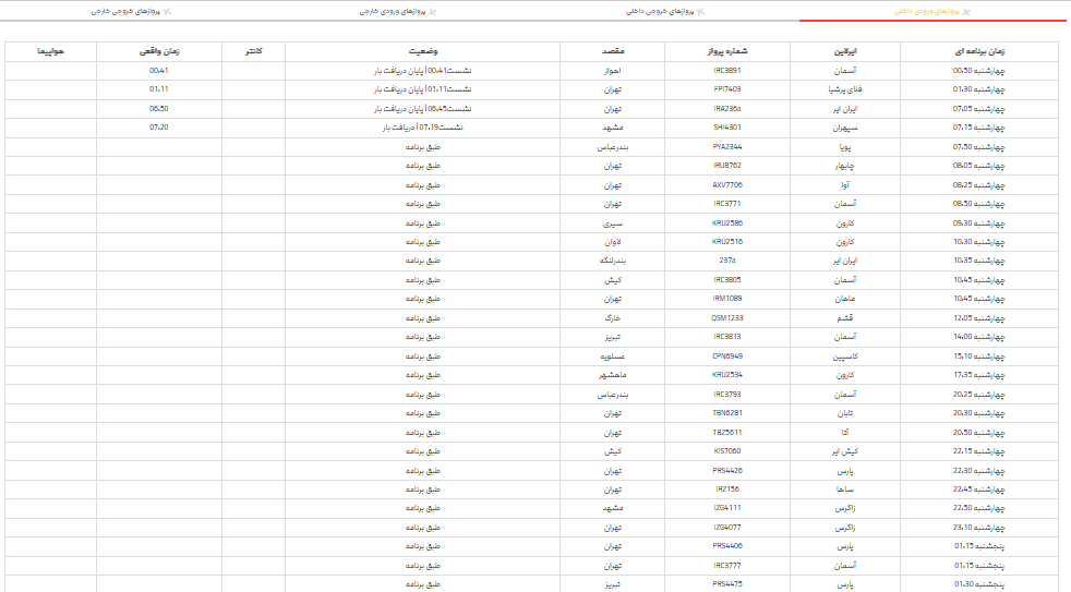 برنامه پرواز‌های فرودگاه شیراز؛چهارشنبه 16 خرداد