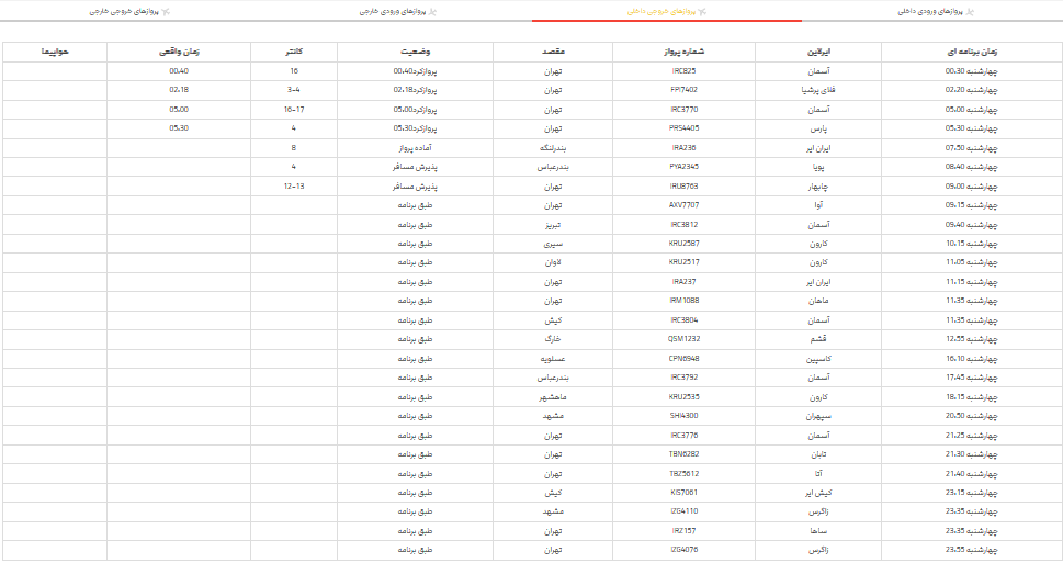 برنامه پرواز‌های فرودگاه شیراز؛چهارشنبه 16 خرداد