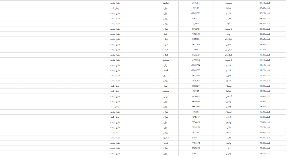 پرواز‌های فرودگاه شیراز؛ شنبه ۱۹ خرداد