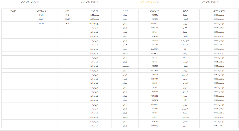 پرواز‌های فرودگاه شیراز؛ دوشنبه ۲۱ خرداد