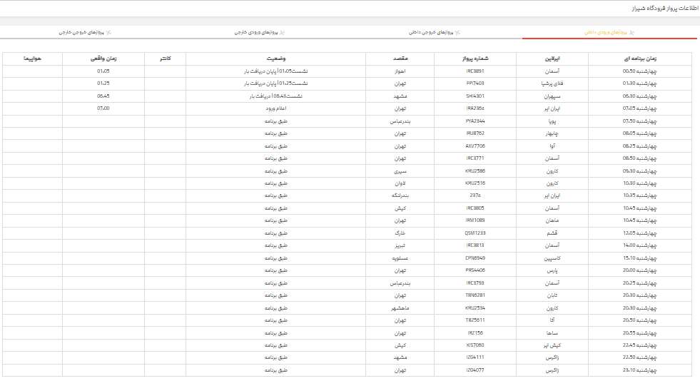 پرواز‌های فرودگاه شیراز؛ چهارشنبه ۲۳ خرداد