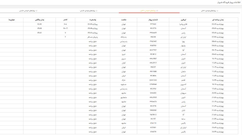 پرواز‌های فرودگاه شیراز؛ چهارشنبه ۲۳ خرداد