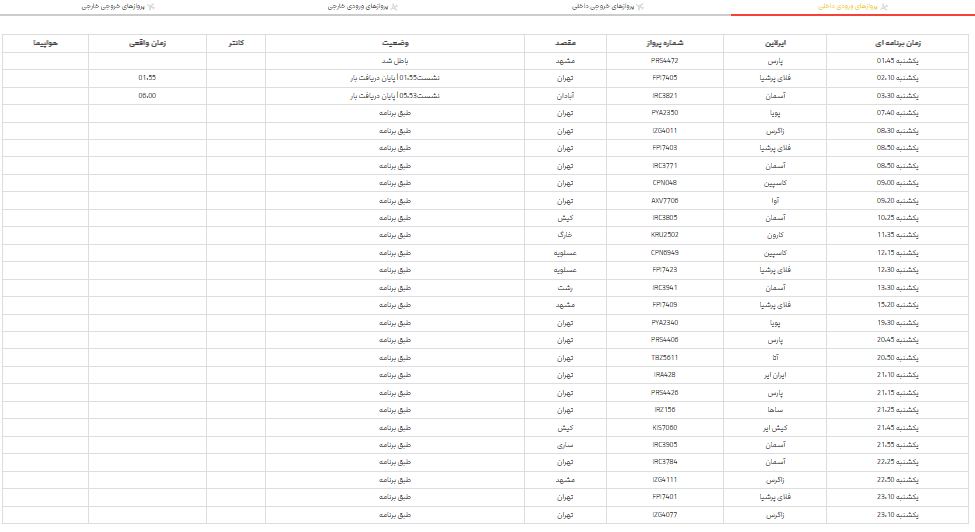 پرواز‌های فرودگاه شیراز؛ یکشنبه ۲۷ خرداد