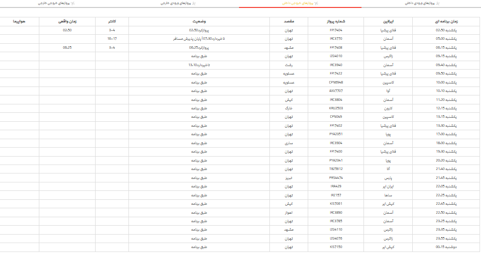 پرواز‌های فرودگاه شیراز؛ یکشنبه ۲۷ خرداد