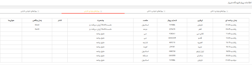 پرواز‌های فرودگاه شیراز؛ یکشنبه ۲۷ خرداد