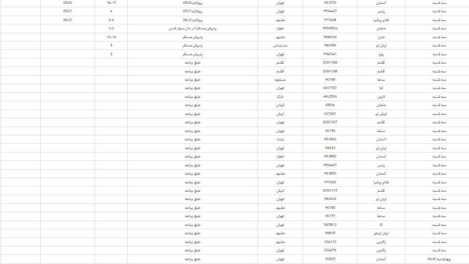 برنامه پرواز‌های فرودگاه شیراز؛ سه شنبه ۲۹ خرداد