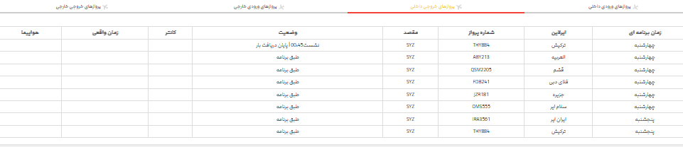 پرواز‌های فرودگاه شیراز؛ چهارشنبه 9 خرداد