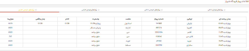 پرواز‌های فرودگاه شیراز؛ چهارشنبه 9 خرداد