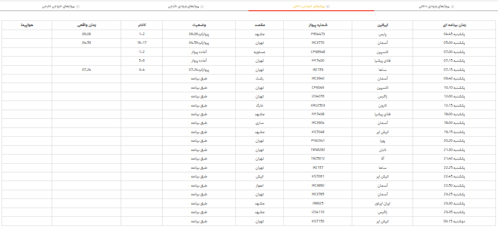 پرواز‌های فرودگاه شیراز؛ یکشنبه ۱۰ تیر