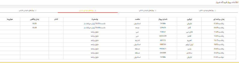 پرواز‌های فرودگاه شیراز؛ یکشنبه ۱۰ تیر