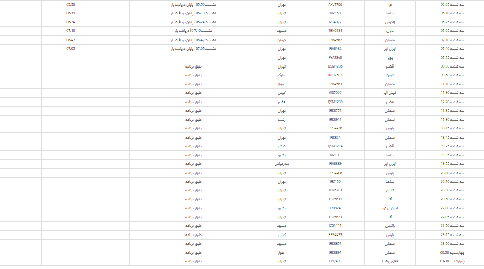 پرواز‌های فرودگاه شیراز؛ سه شنبه ۱۲ تیر