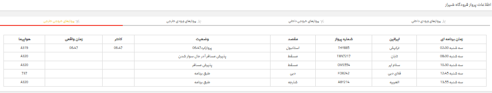 پرواز‌های فرودگاه شیراز؛ سه شنبه ۱۲ تیر