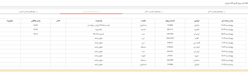 پرواز‌های فرودگاه شیراز؛ چهارشنبه ۲۰ تیر