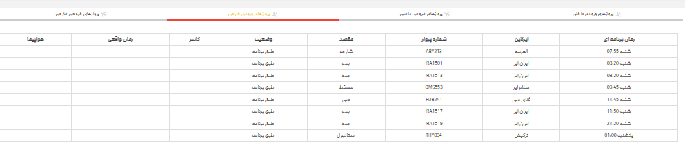 برنامه پرواز‌های فرودگاه شیراز؛ شنبه بیست وسوم تیر