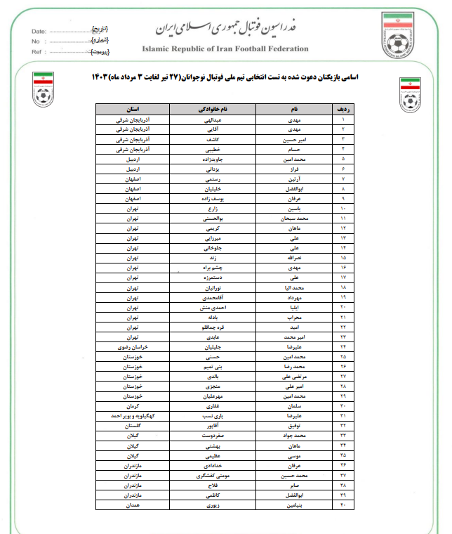 دعوت به اردوی انتخابی تیم فوتبال نوجوانان ایران