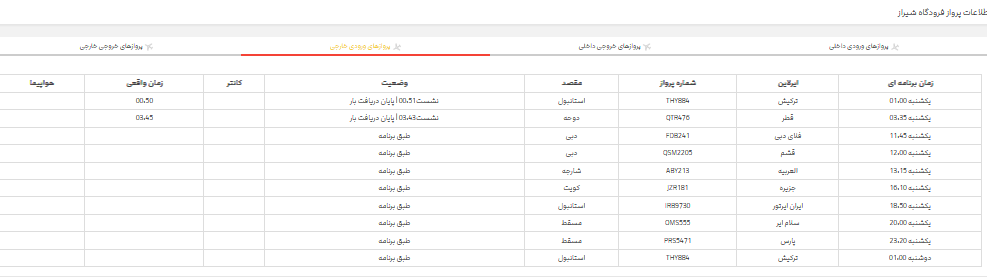 پرواز‌های فرودگاه شیراز؛ یکشنبه ۲۴ تیر