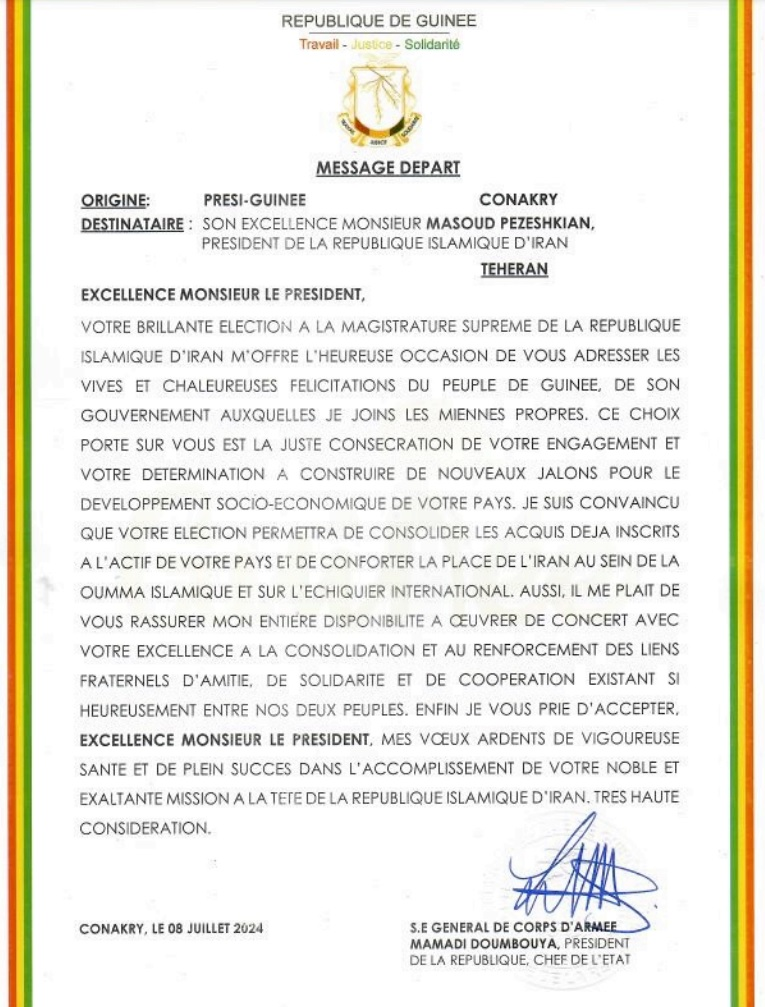 رئیس‌جمهور گینه انتخاب آقای پزشکیان به ریاست‌جمهوری را تبریک گفت