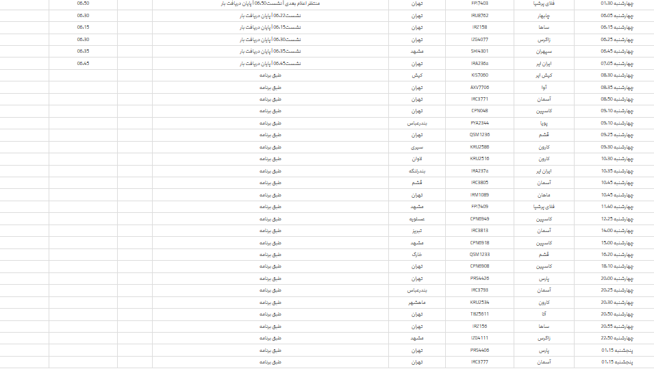 پرواز‌های فرودگاه شیراز؛ چهارشنبه ۶ تیر