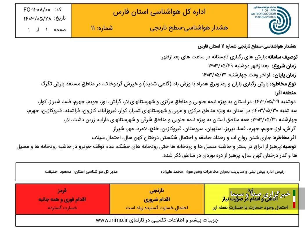 صدور هشدار نارنجی هواشناسی