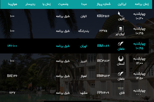 پرواز‌های فرودگاه شیراز؛ چهارشنبه سوم مرداد