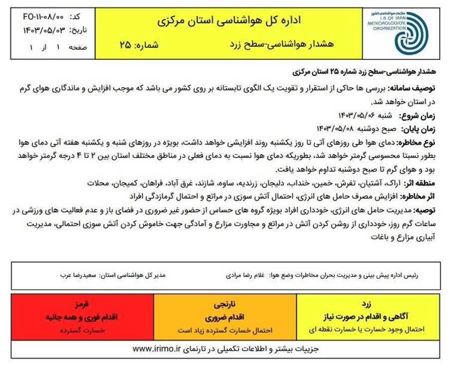صدور هشدار هواشناسی سطح زرد شماره ۲۵ استان مرکزی