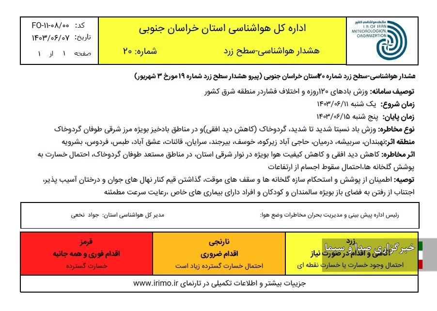 صدور هشدار سطح زرد هواشناسی در خراسان جنوبی