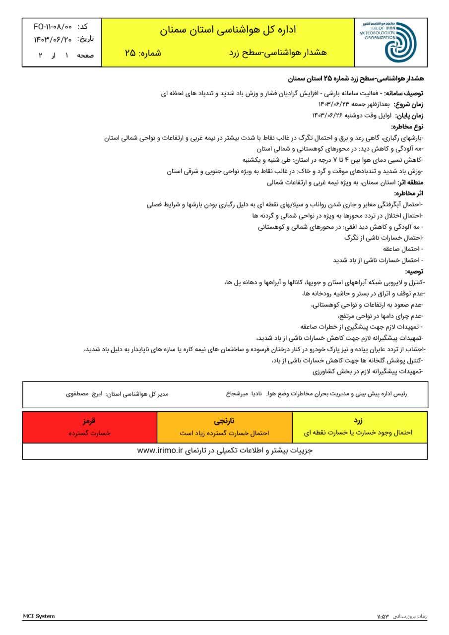 اعلام هشدار زرد هواشناسی در سمنان