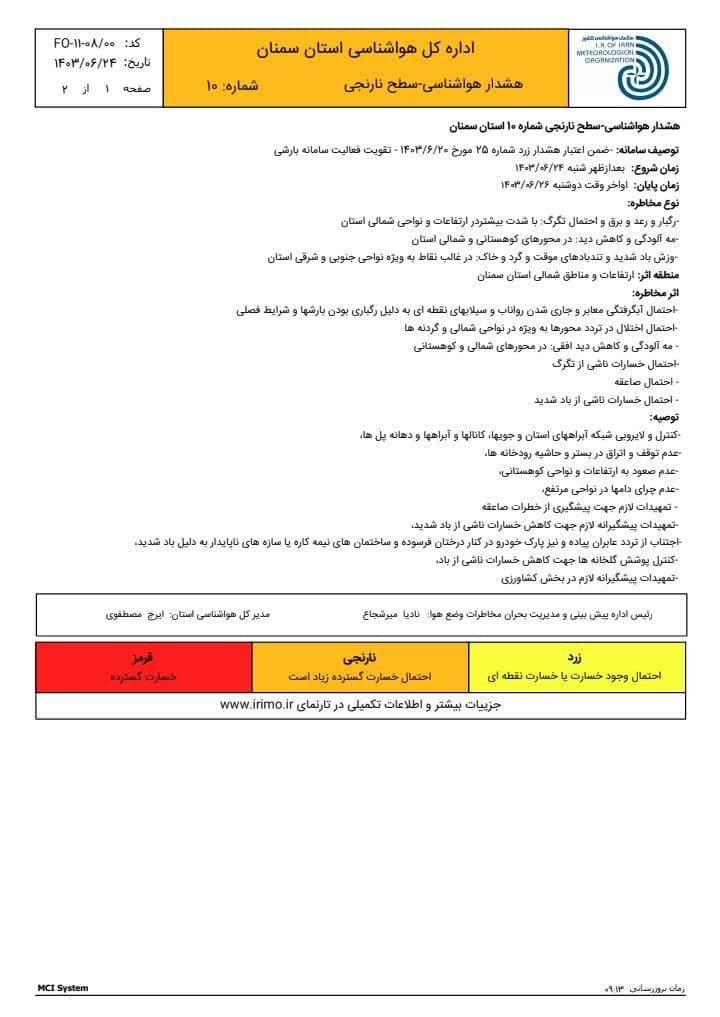 اعلام هشدار نارنجی کاهش دما ، باد و باران در سمنان