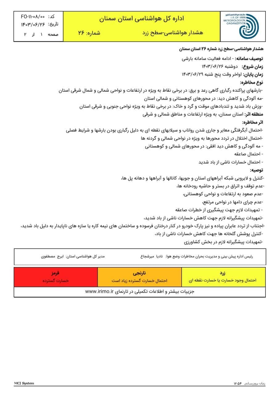 اعلام هشدار زرد هواشناسی در سمنان