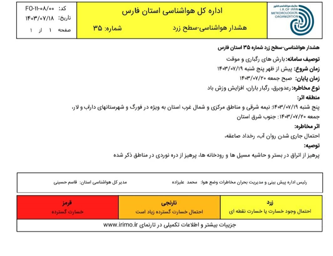 هشدار زرد هواشناسی برای فارس