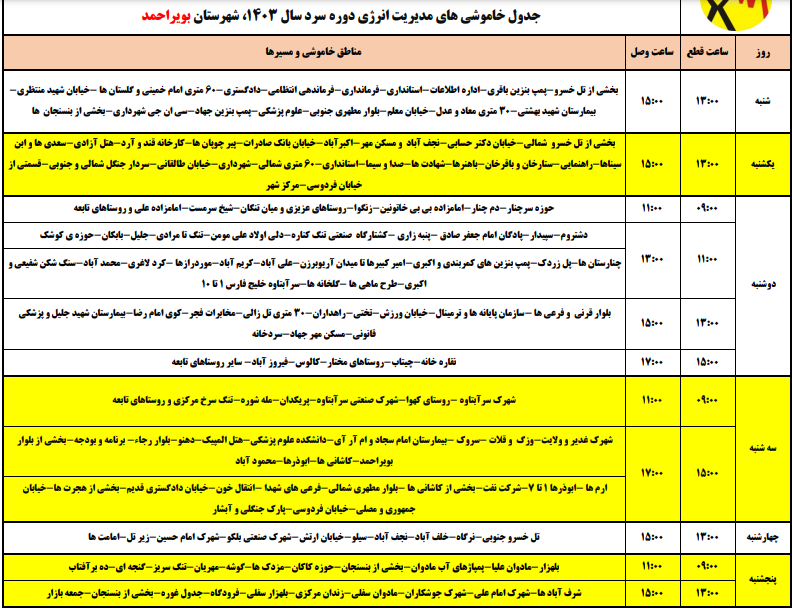 اعلام برنامه خاموشی های فصل سرد