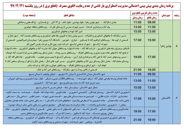جدول زمان بندی خاموشی در استان قزوین